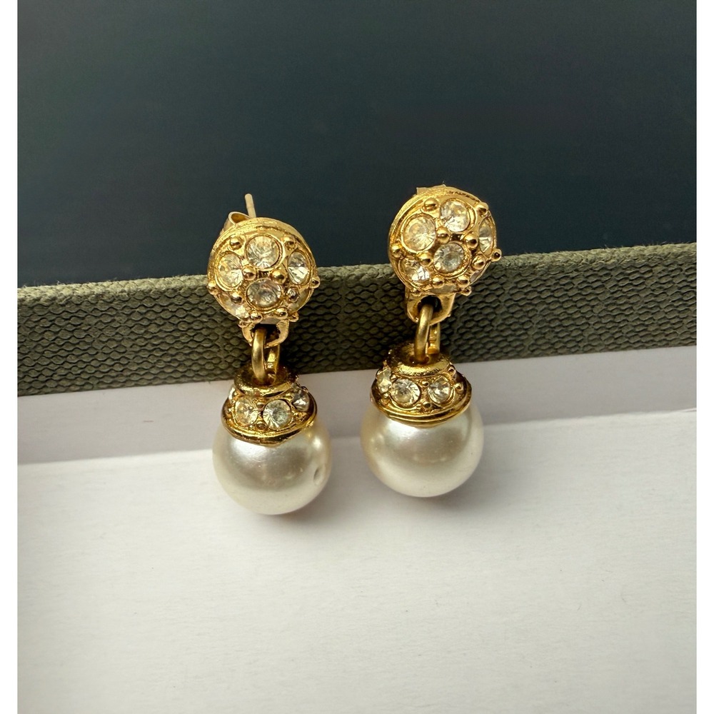 Vintage Coquette Gold Faux Pearl Drop Earrings Rhinestone Pave 14k Gold Backs